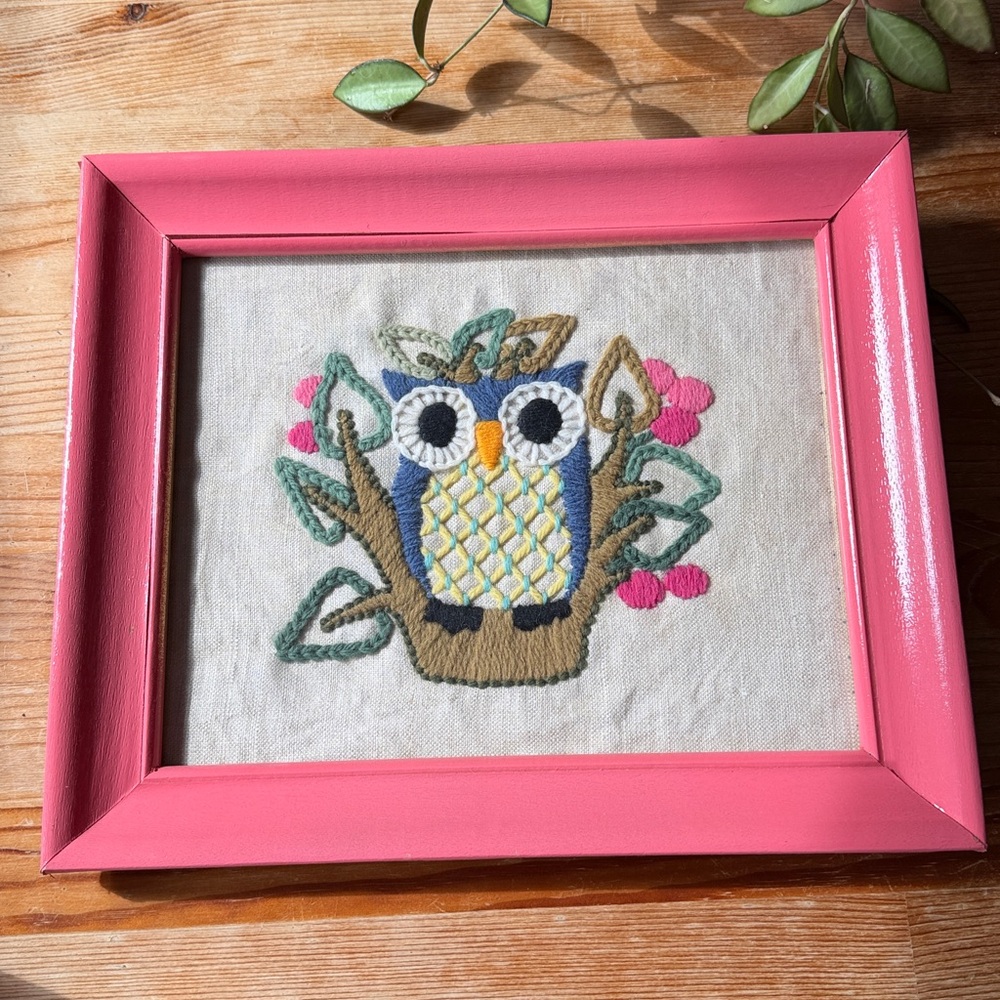Vintage Crewel Embroidered Owl Artwork